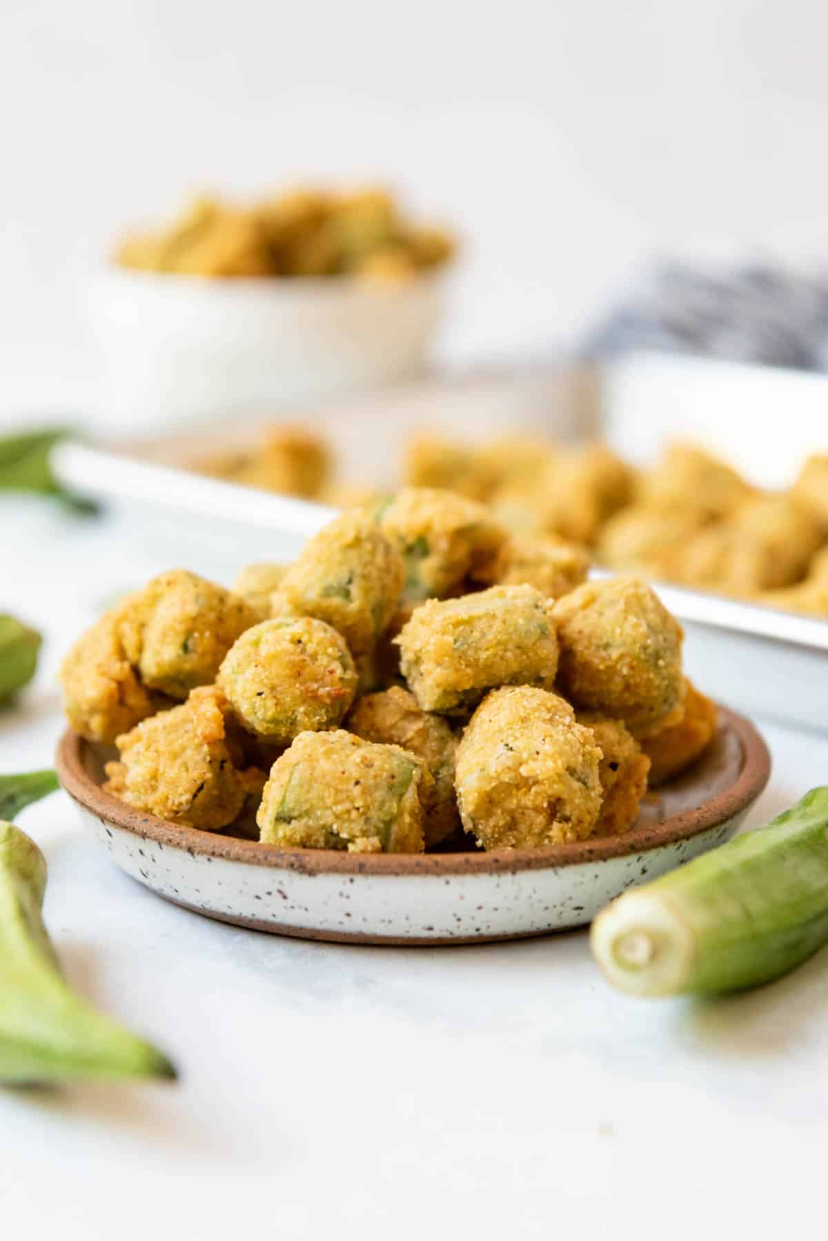 A small plate with a pile of fried okra on it.