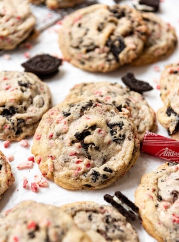 Chocolate chip cookies with Oreos and Andes peppermint crunch thins pieces.