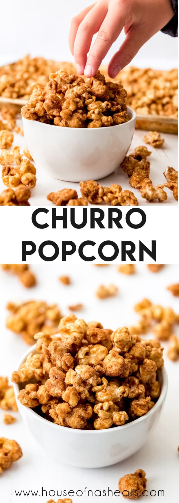 A collage of images of churro popcorn with text overlay.