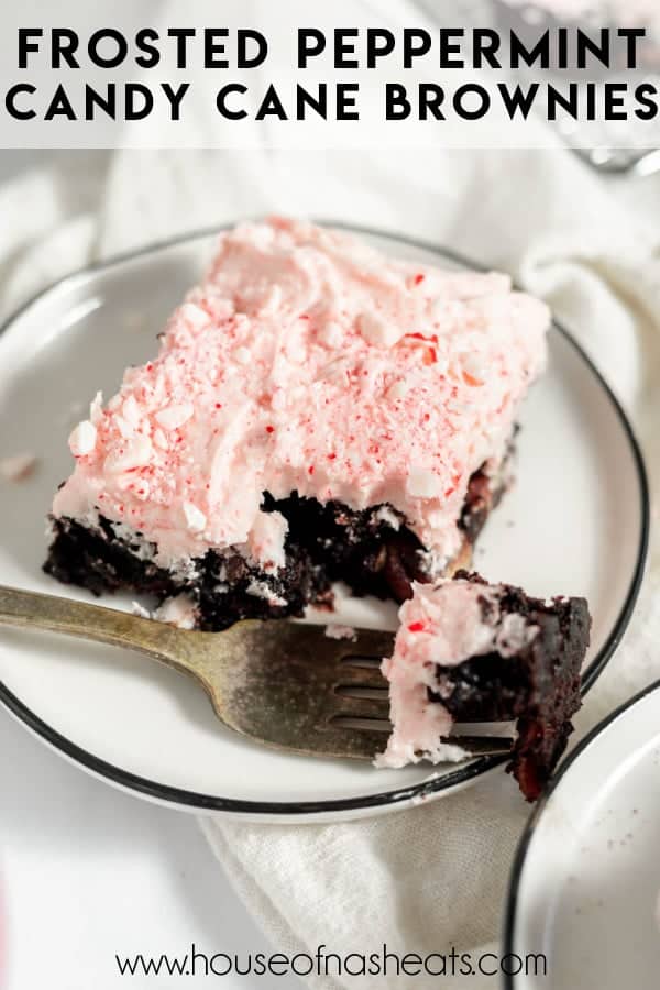 A frosted peppermint brownie with a bite taken out of it with text overlay.