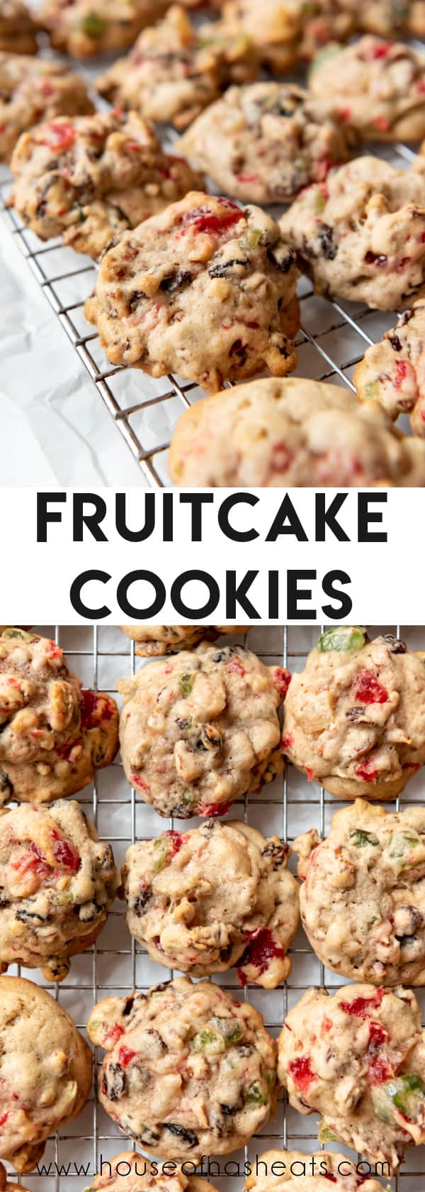 A collage of images of fruitcake cookies with text overlay.