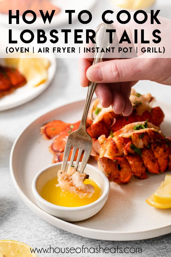 A fork dipping a piece of lobster meat into melted butter with text overlay.