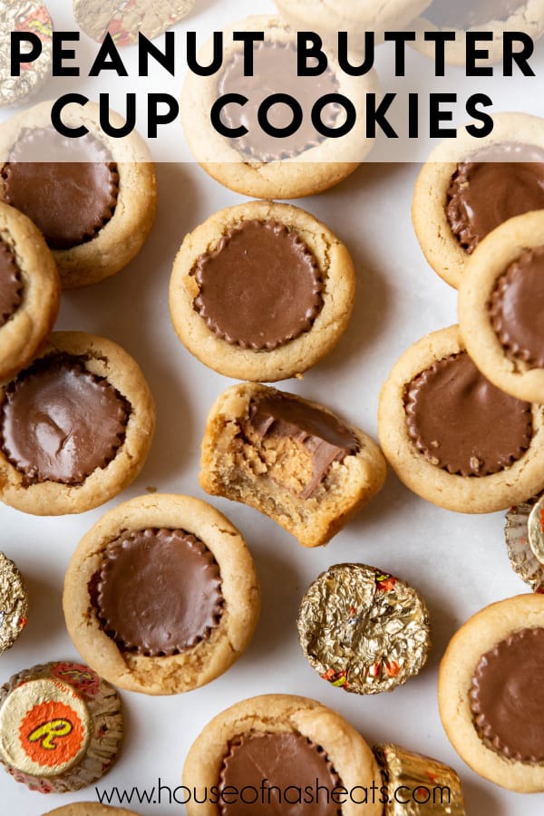 Peanut butter cup cookies with text overlay.