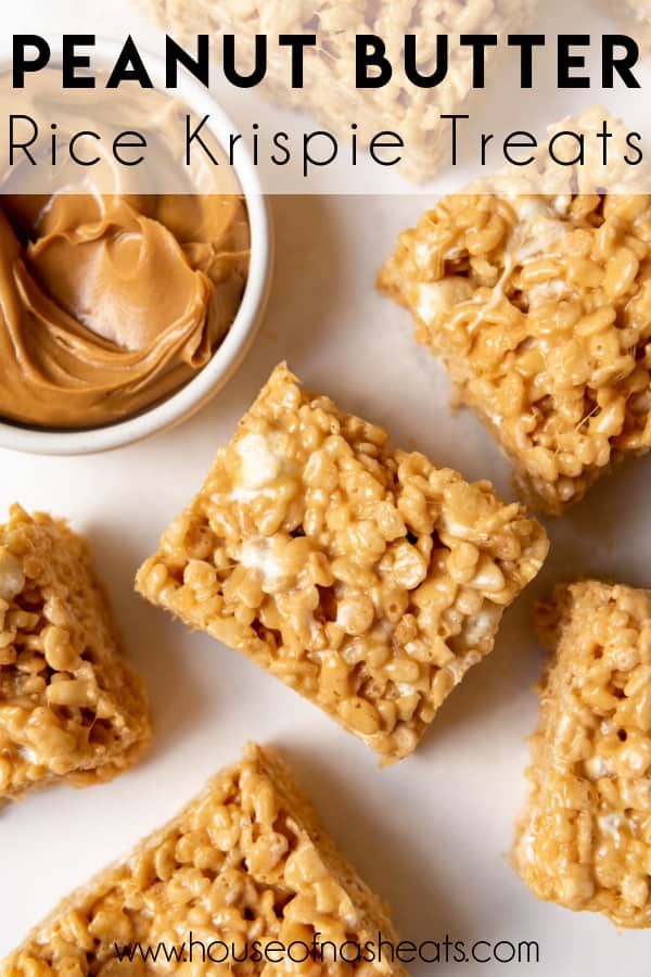 Peanut butter rice krispie treat squares next to a bowl of peanut butter with text overlay.