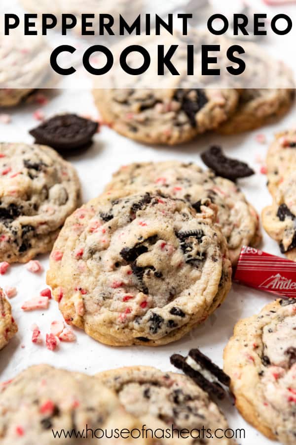Chocolate chip cookies with peppermint and Oreo pieces with text overlay.