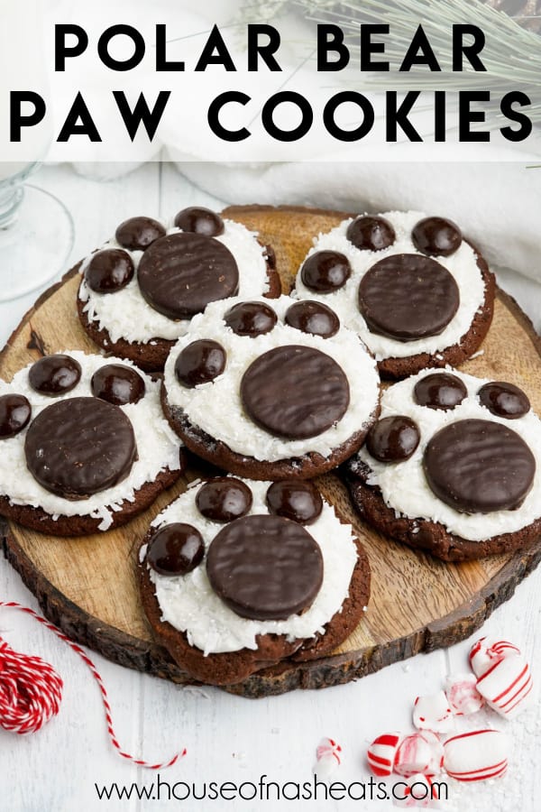 A plate of polar bear paw print cookies with text overlay.
