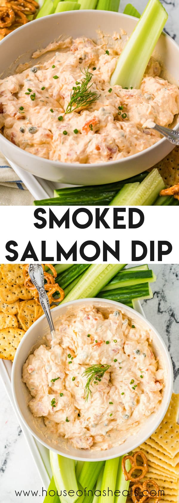 A collage of images of smoked salmon sip with text overlay.
