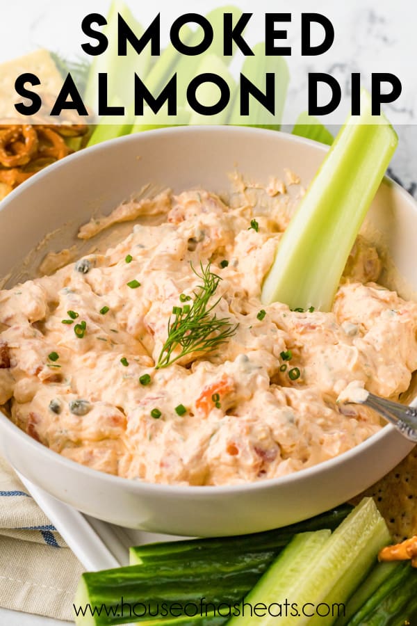 A bowl of creamy smoked salmon dip with text overlay.