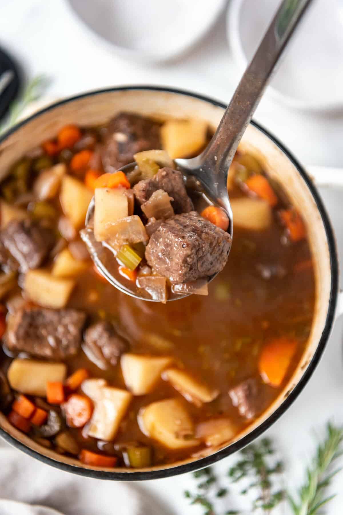 A ladleful of beef stew over the pot of stew.