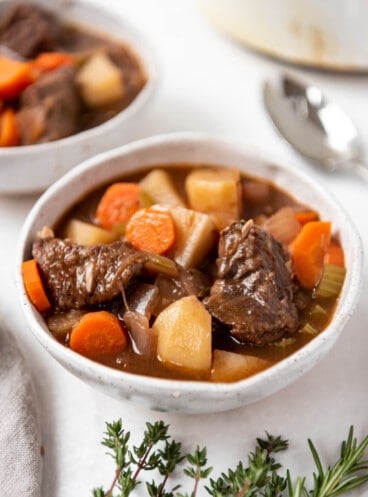 A bowl of old-fashioned beef stew.
