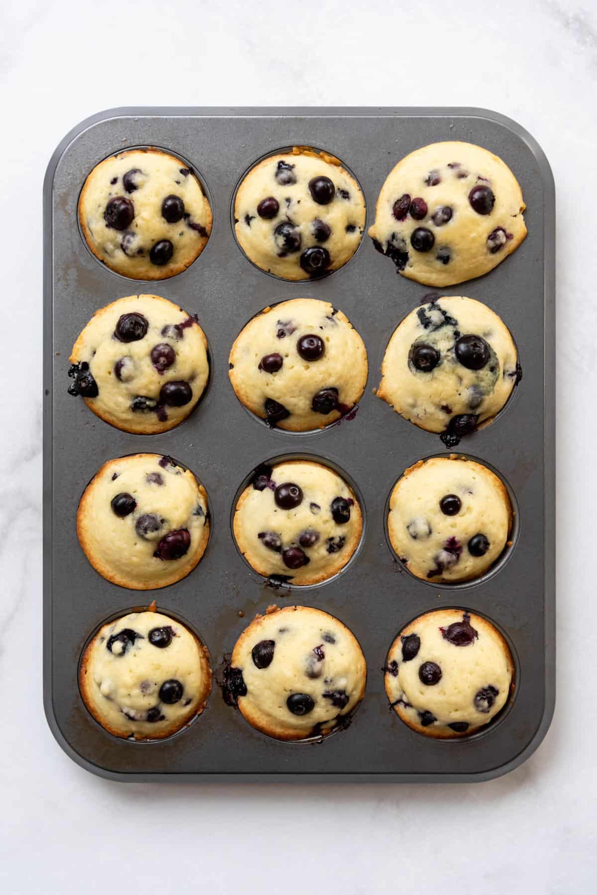Baked blueberry muffins in a muffin pan.