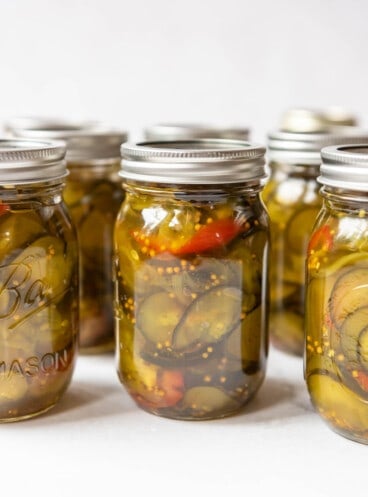 Jars of homemade bread & butter pickles in a row.