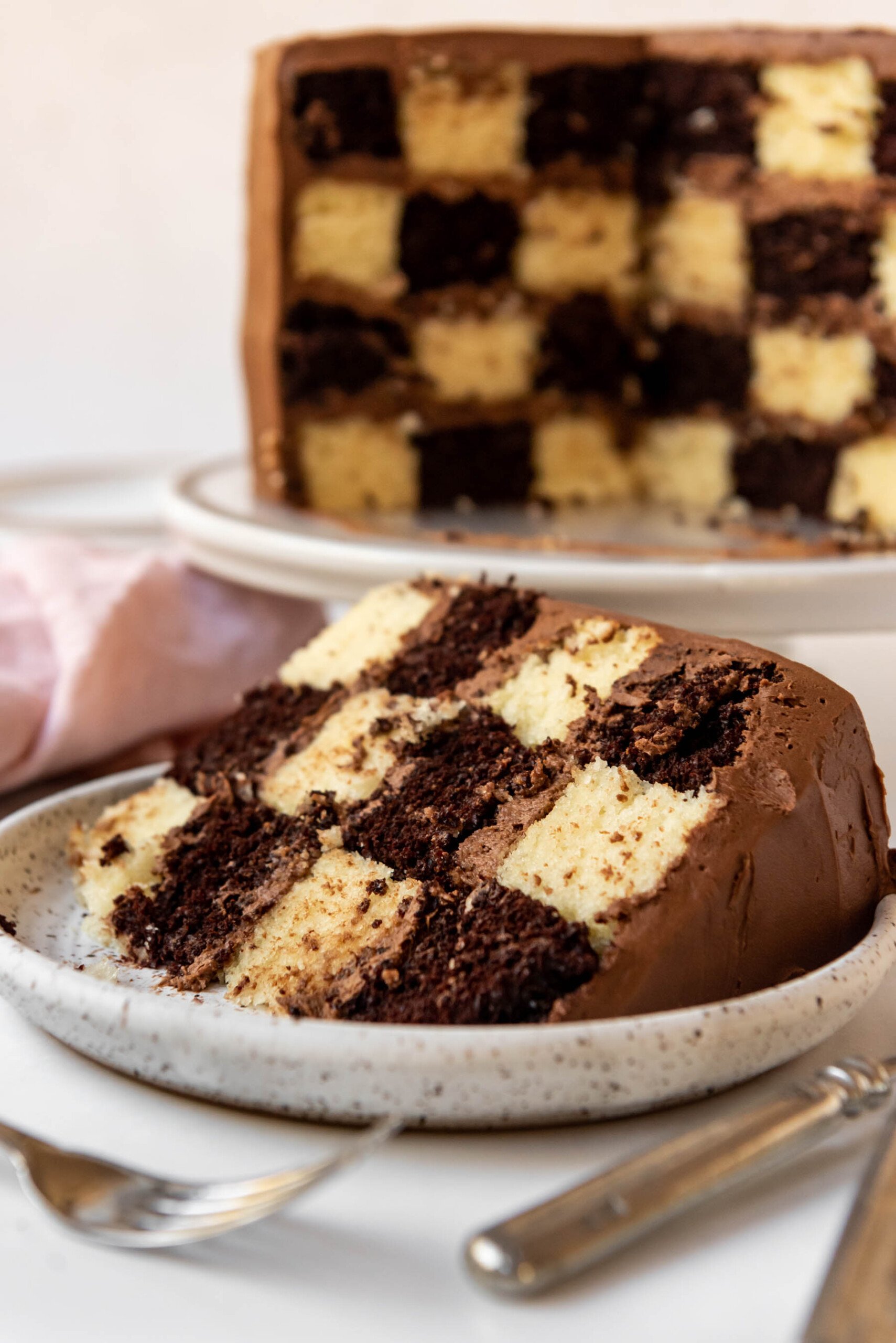 A slice of vanilla and chocolate checkerboard cake laying on its side.