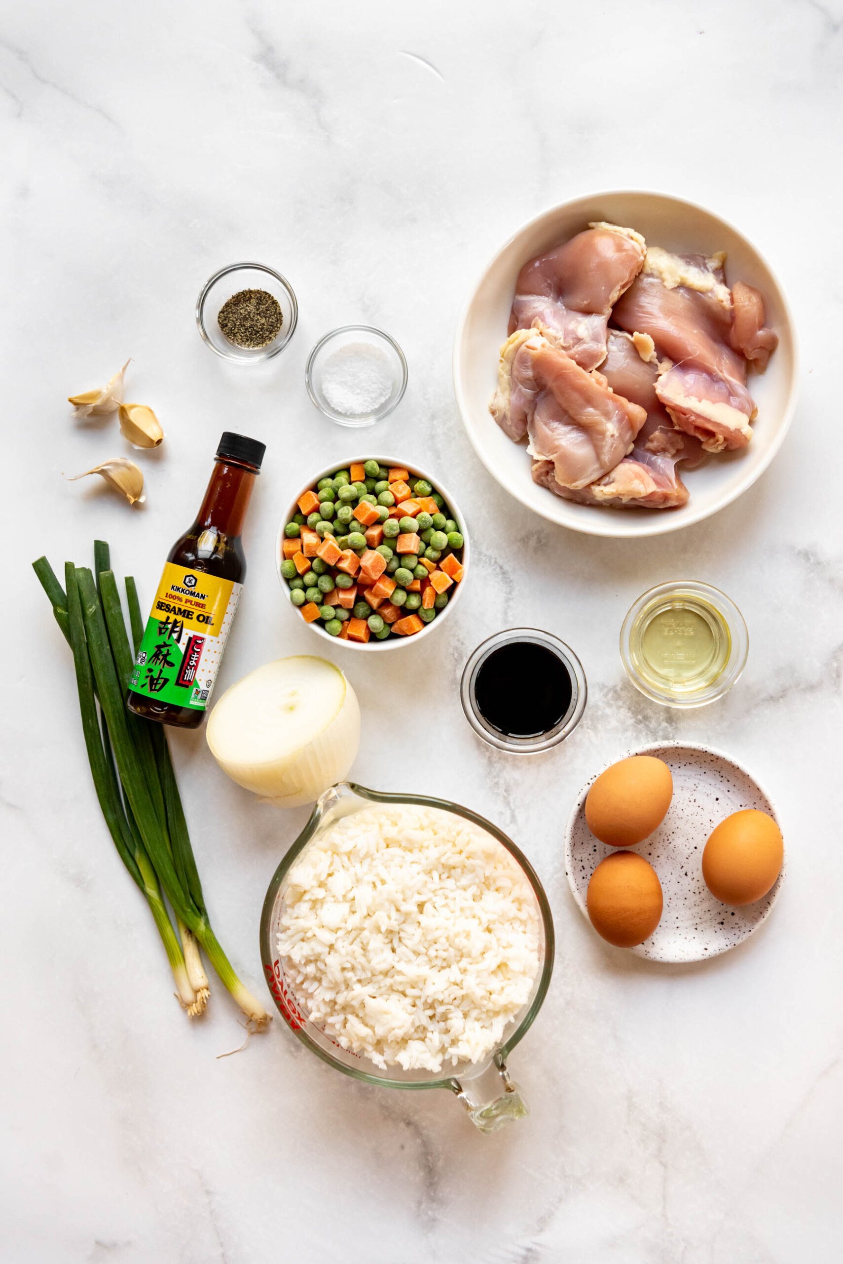Ingredients for chicken fried rice.