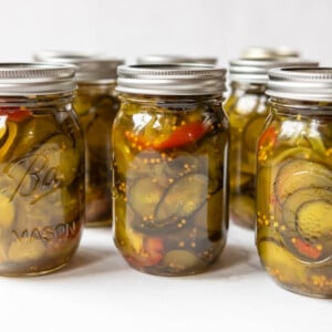 Jars of bottled bread and butter pickles.