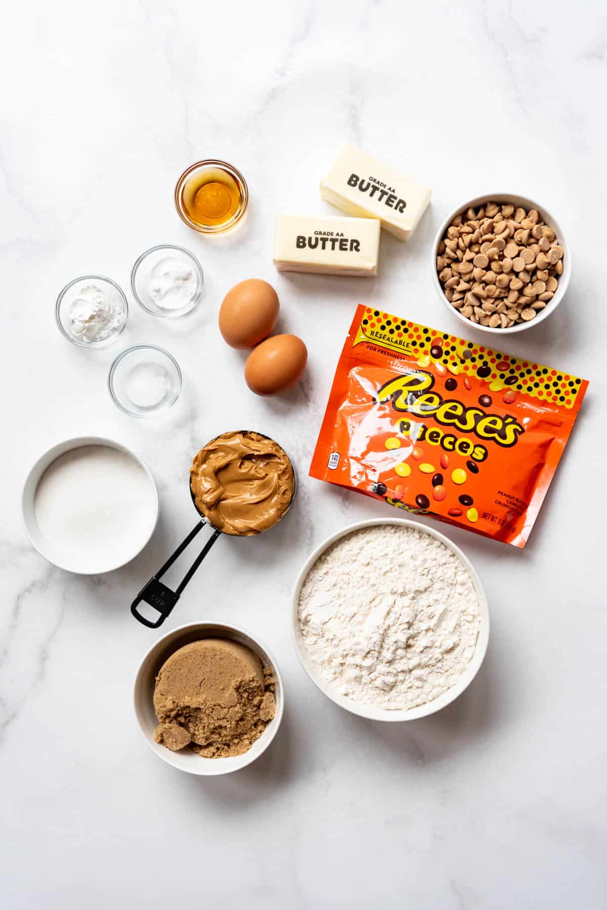 Ingredients for Reese's Pieces Cookies.