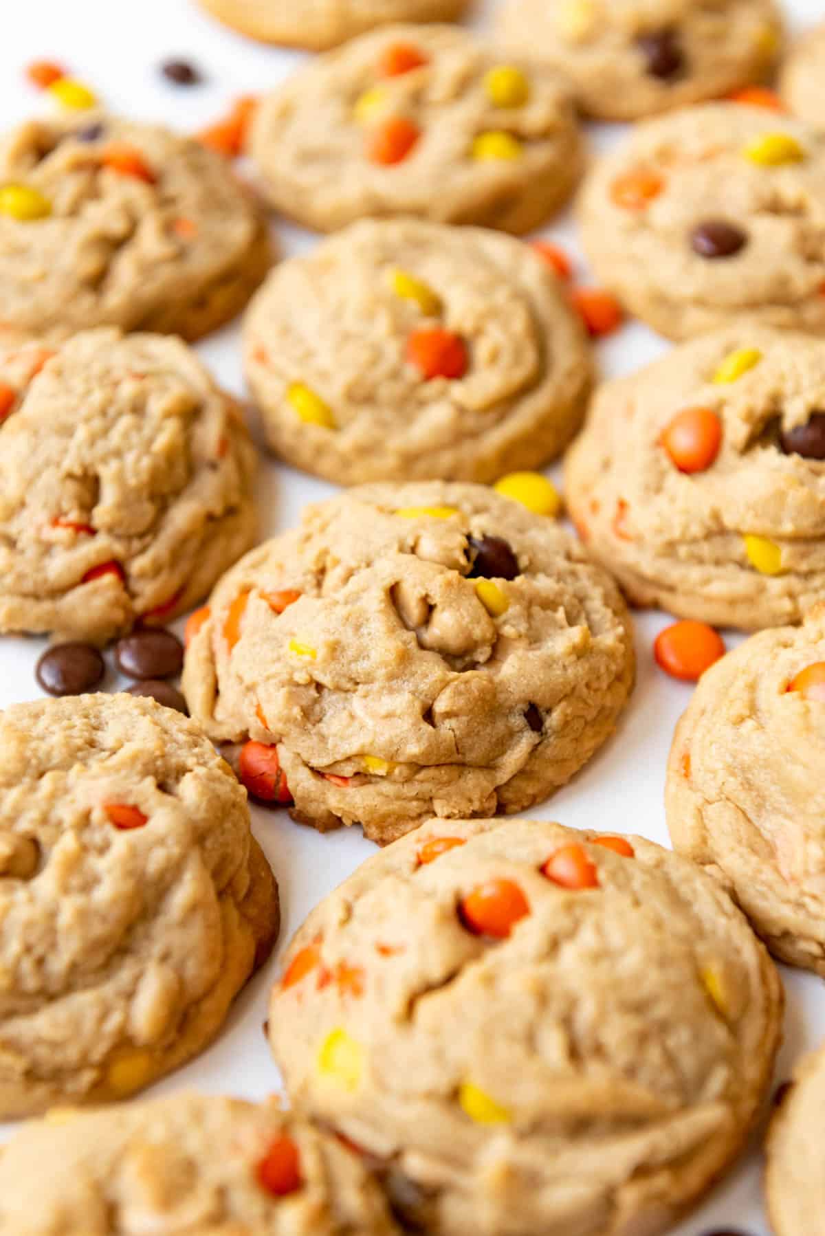 Reese's pieces cookies arranged close together with Reese's Pieces candy nearby.