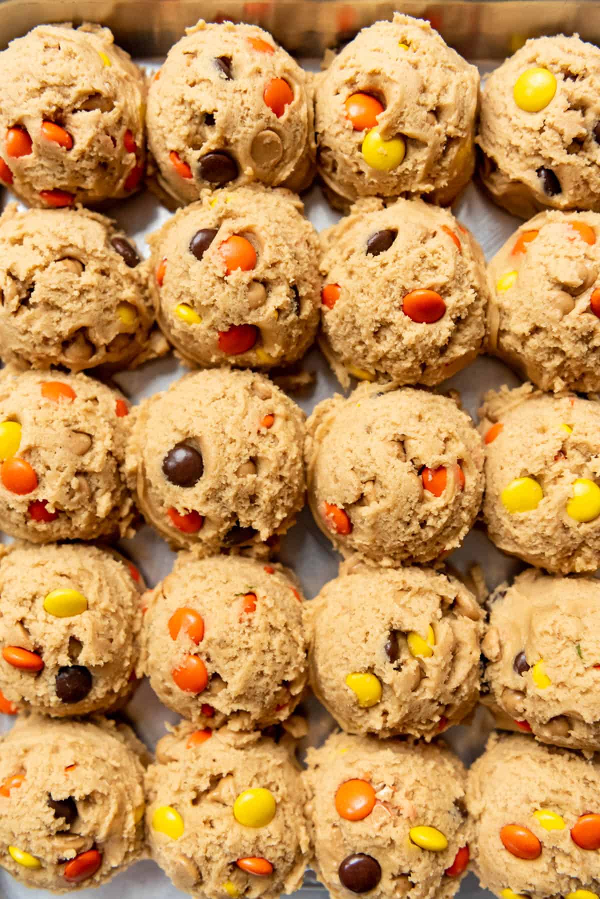 An overhead image of Reese's Pieces peanut butter cookie dough.