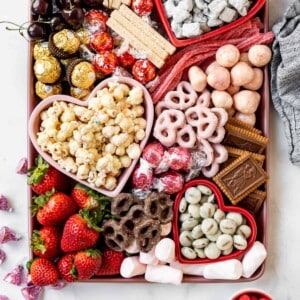 A close up image of a Valentine's Day dessert charcuterie board.