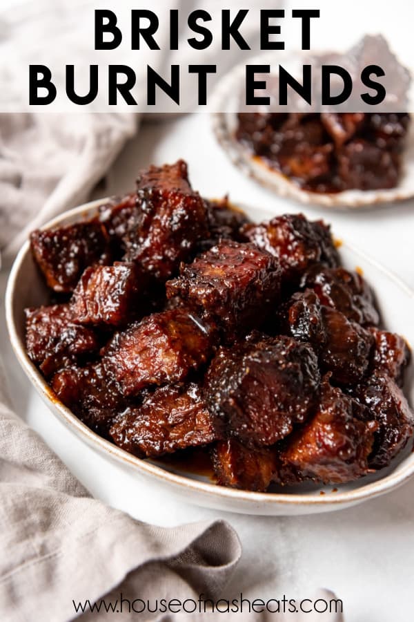 Brisket burnt ends in a bowl with text overlay.