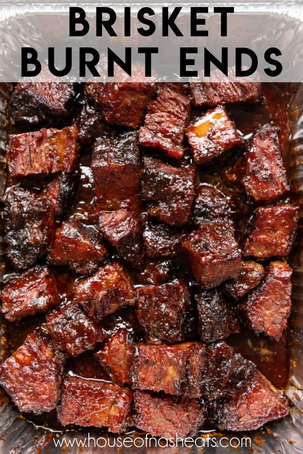 Cubed brisket burnt ends in bbq sauce with text overlay.