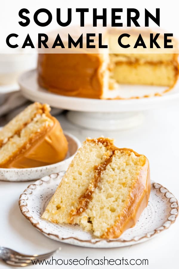 Two slices of caramel cake on plates with text overlay.