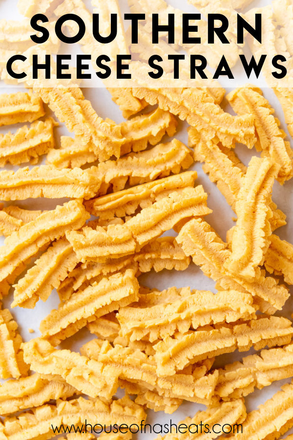 Cheddar cheese straws scattered haphazardly with text overlay.