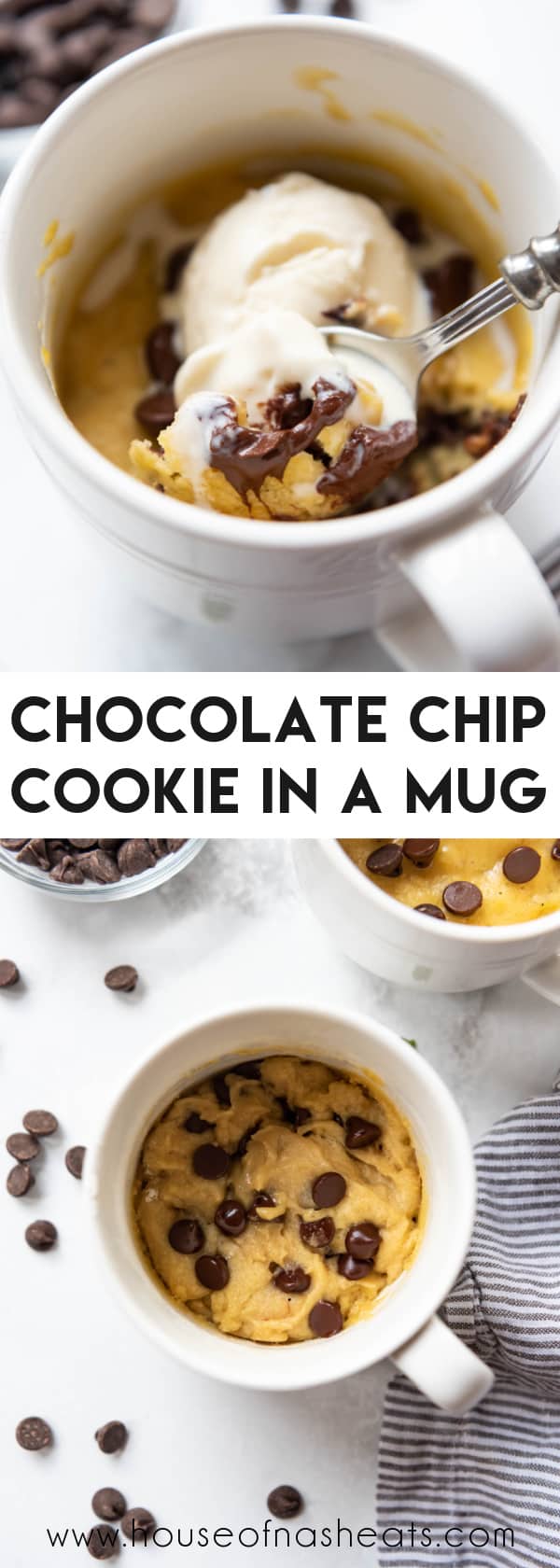 A collage of images of chocolate chip cookie in a mug with text overlay.