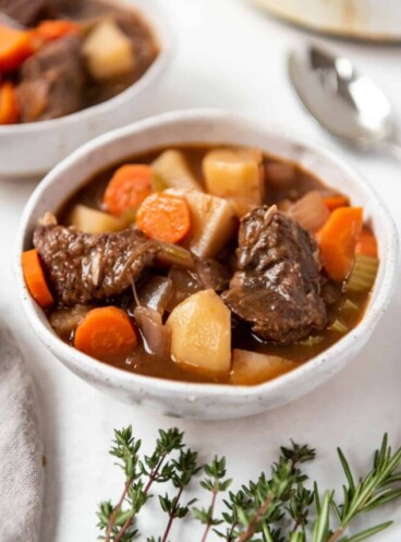 A bowl of old-fashioned beef stew.