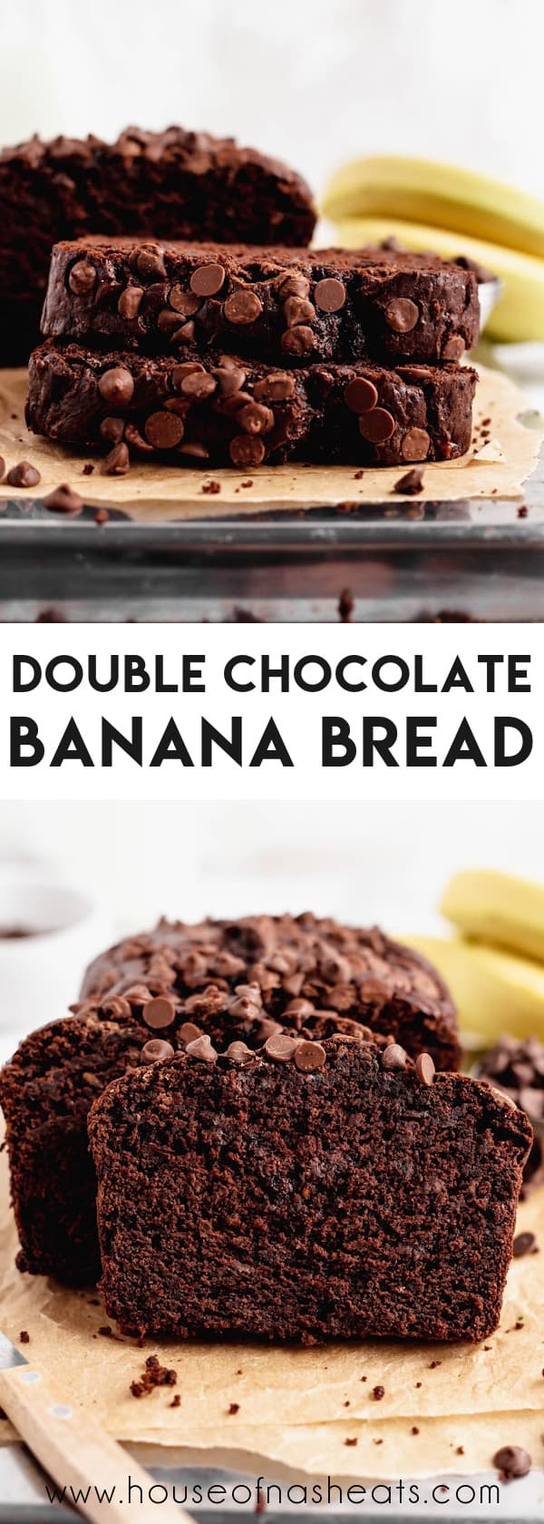 A collage of images of double chocolate banana bread with text overlay.