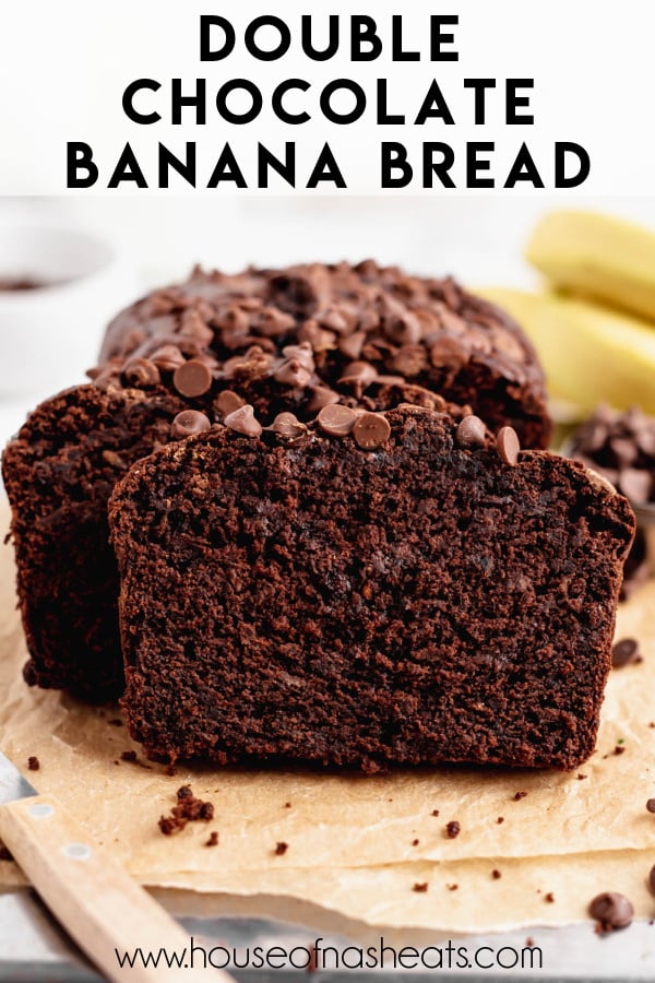 A slice of moist chocolate banana bread with text overlay.