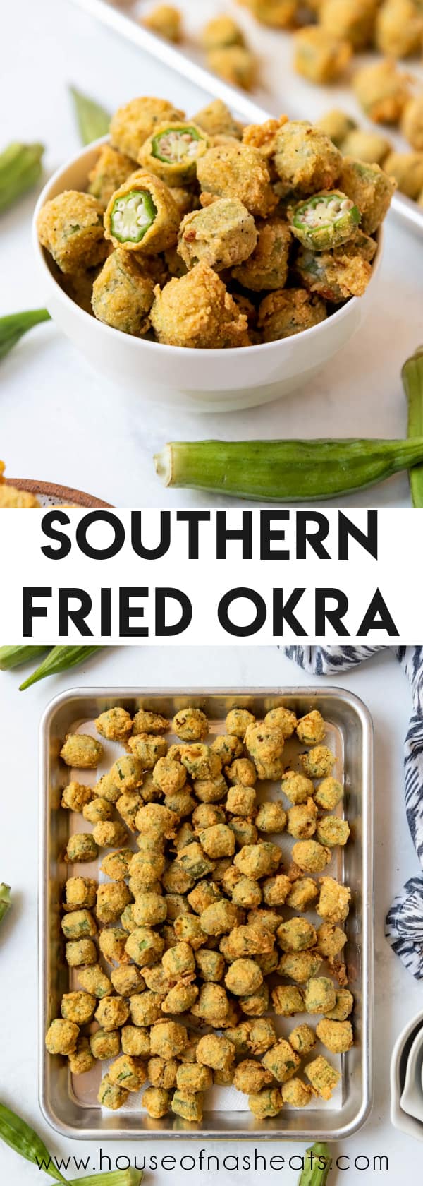 A collage of images of fried okra.