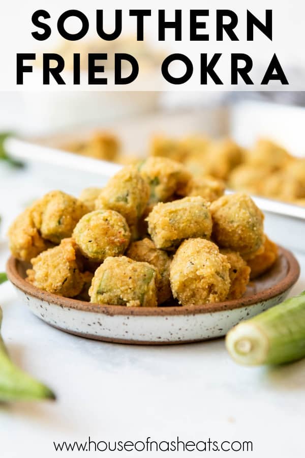 Fried okra on a plate with text overlay.