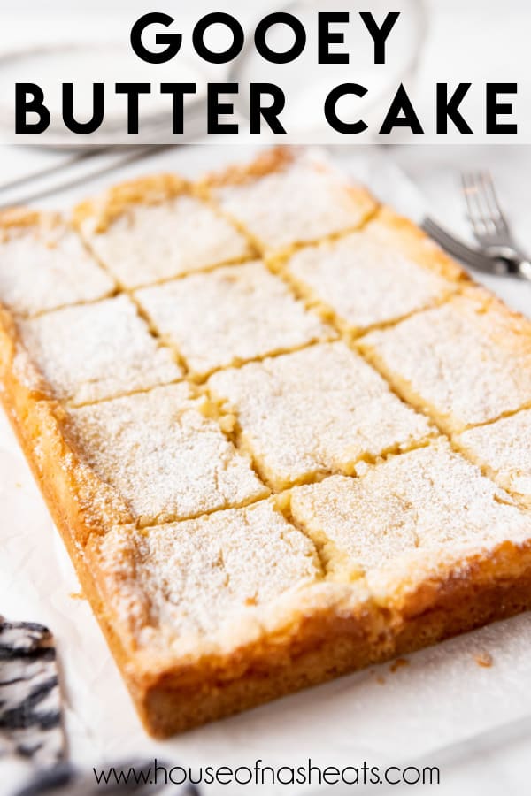 Sliced squares of gooey butter cake with text overlay.