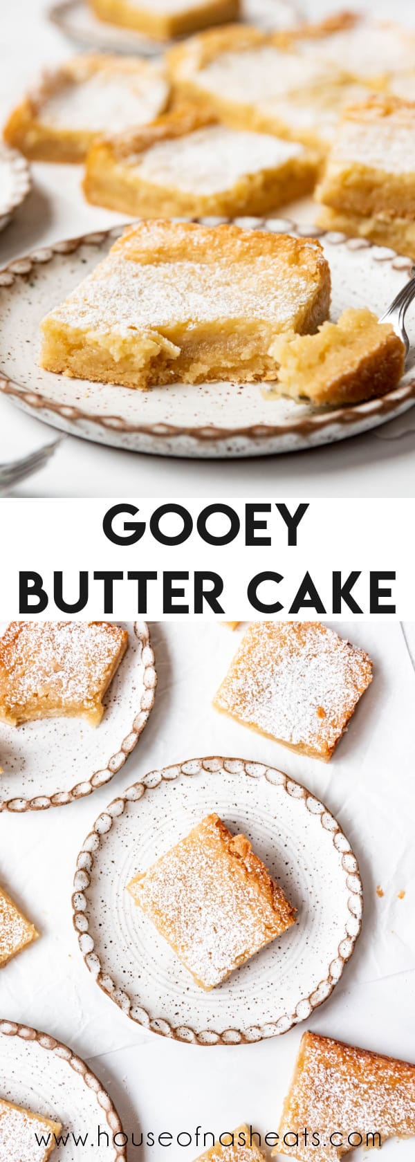 A collage of images of gooey butter cake with text overlay.