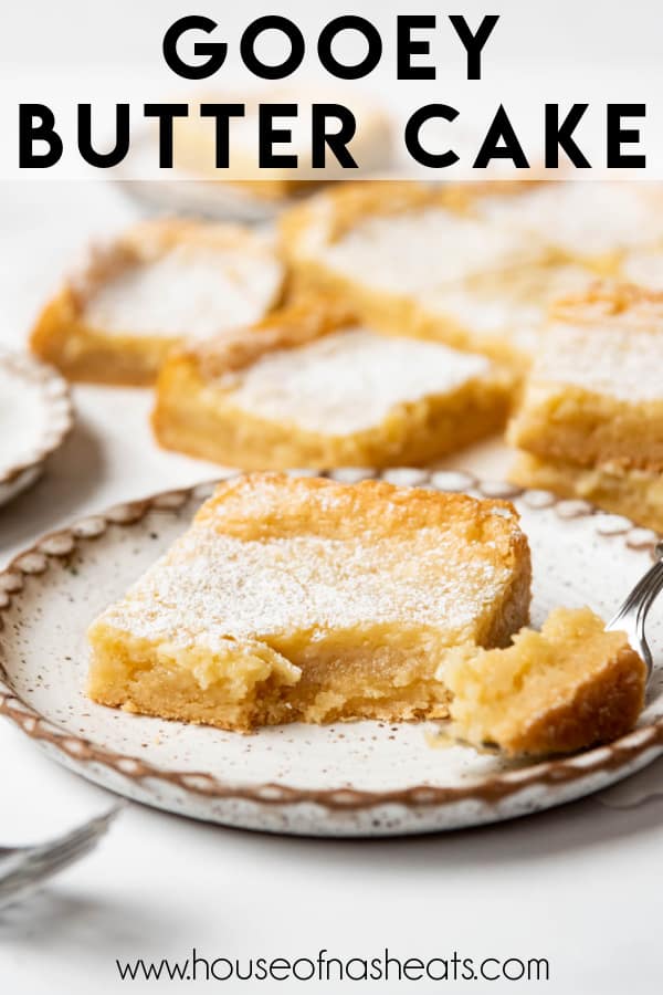 A piece of gooey butter cake on a plate with text overlay.