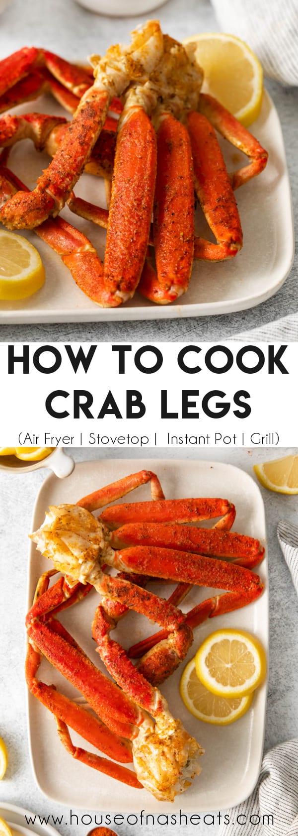 A collage of images of cooked crab legs on a plate with text overlay.