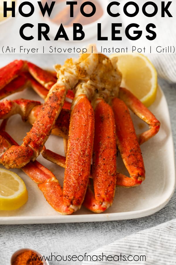Crab legs on a plate with text overlay.