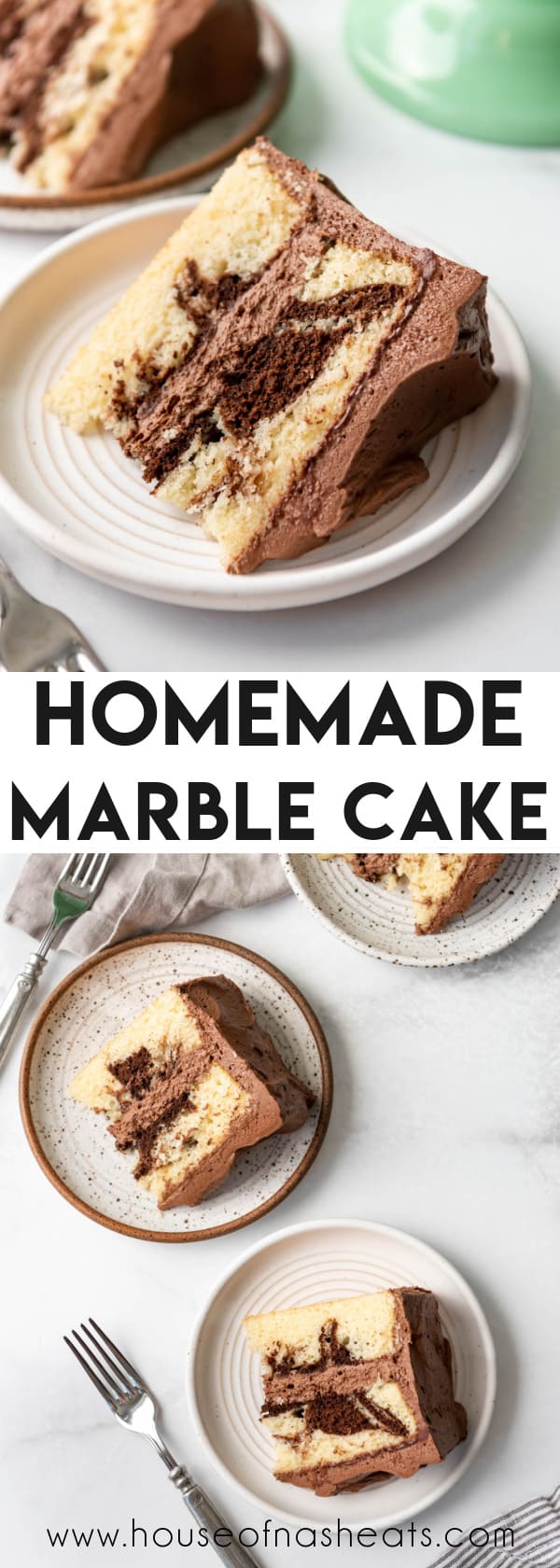 A collage of images of marble cake with text overlay.