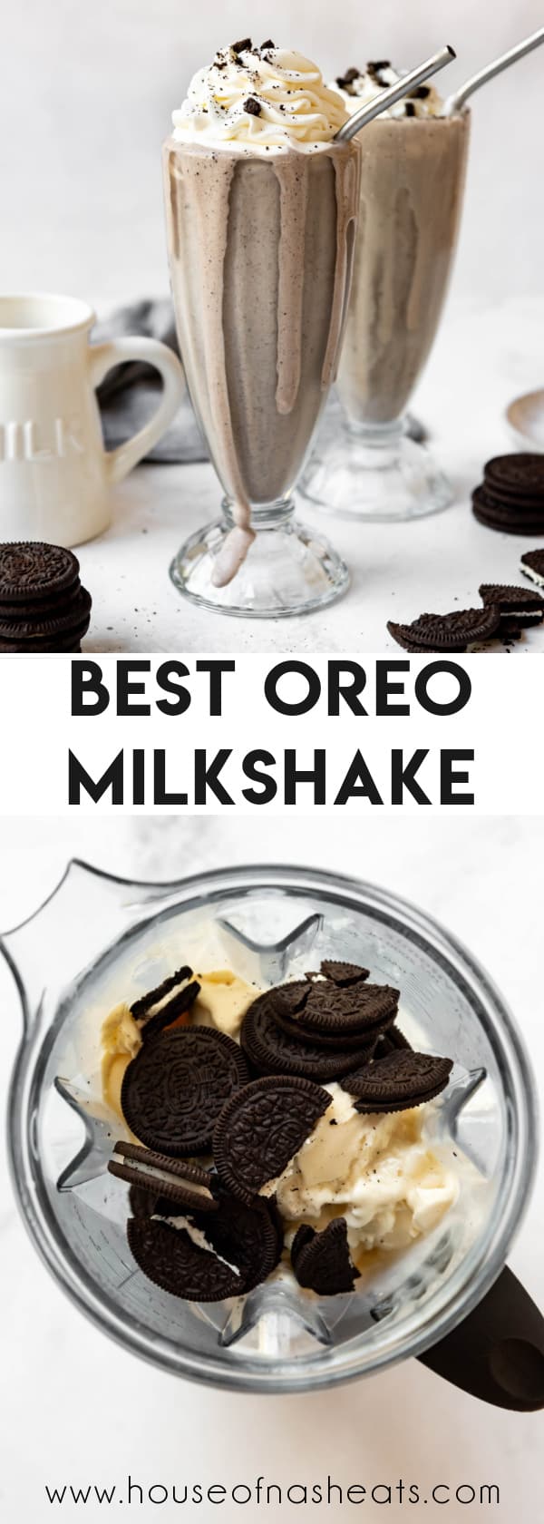 A collage of images of making an oreo milkshake with text overlay.