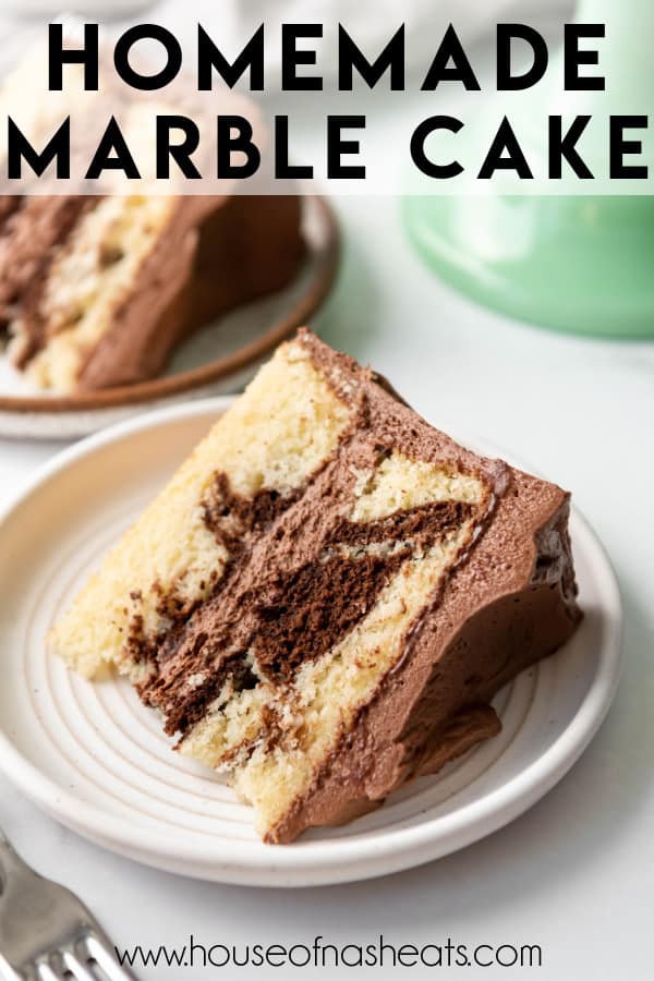 A slice of marble cake with text overlay.
