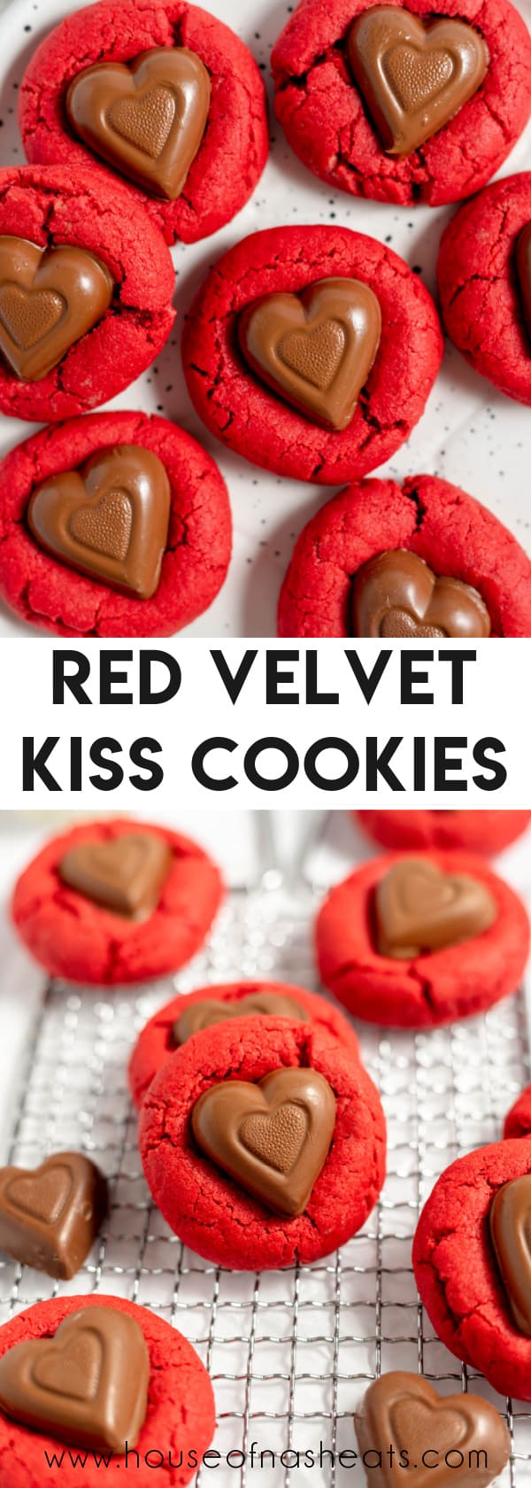 A collage of images of red velvet kiss cookies with text overlay.