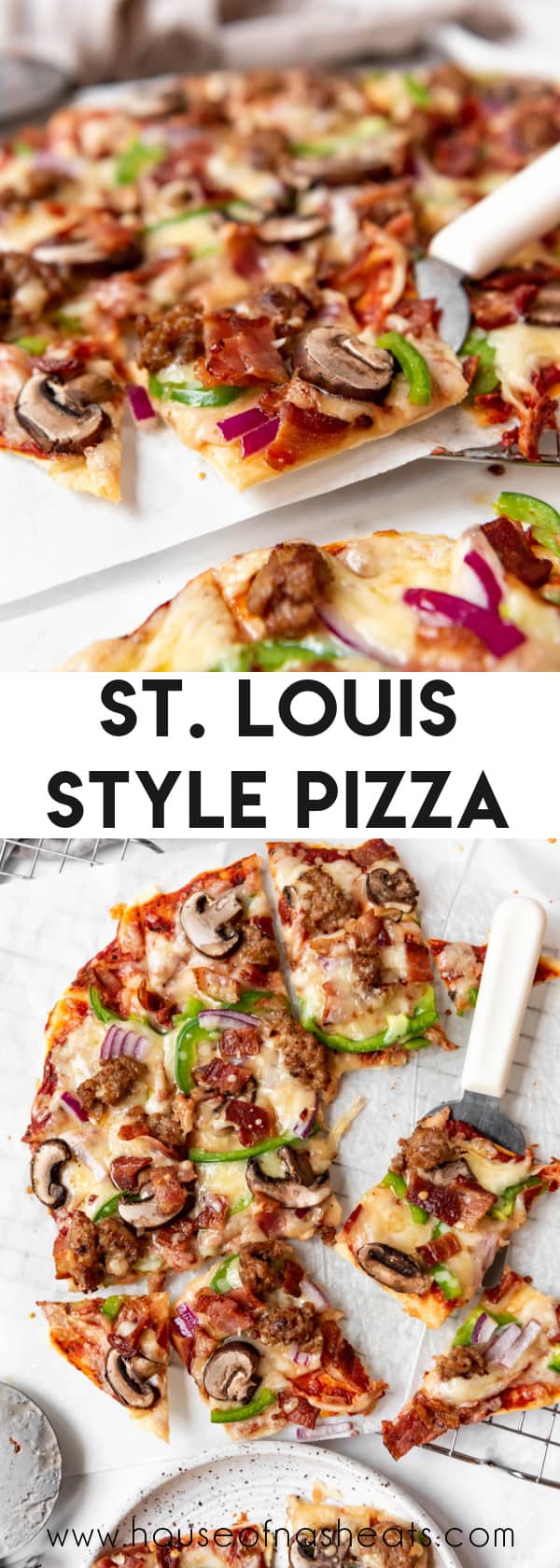 A collage of images of St. Louis style pizza with text overlay.