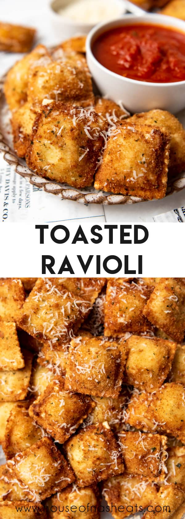 A collage of images of toasted ravioli with text overlay.