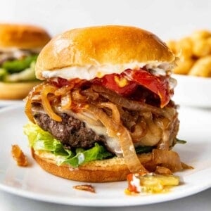 A bison burger with caramelized onions on a white plate.