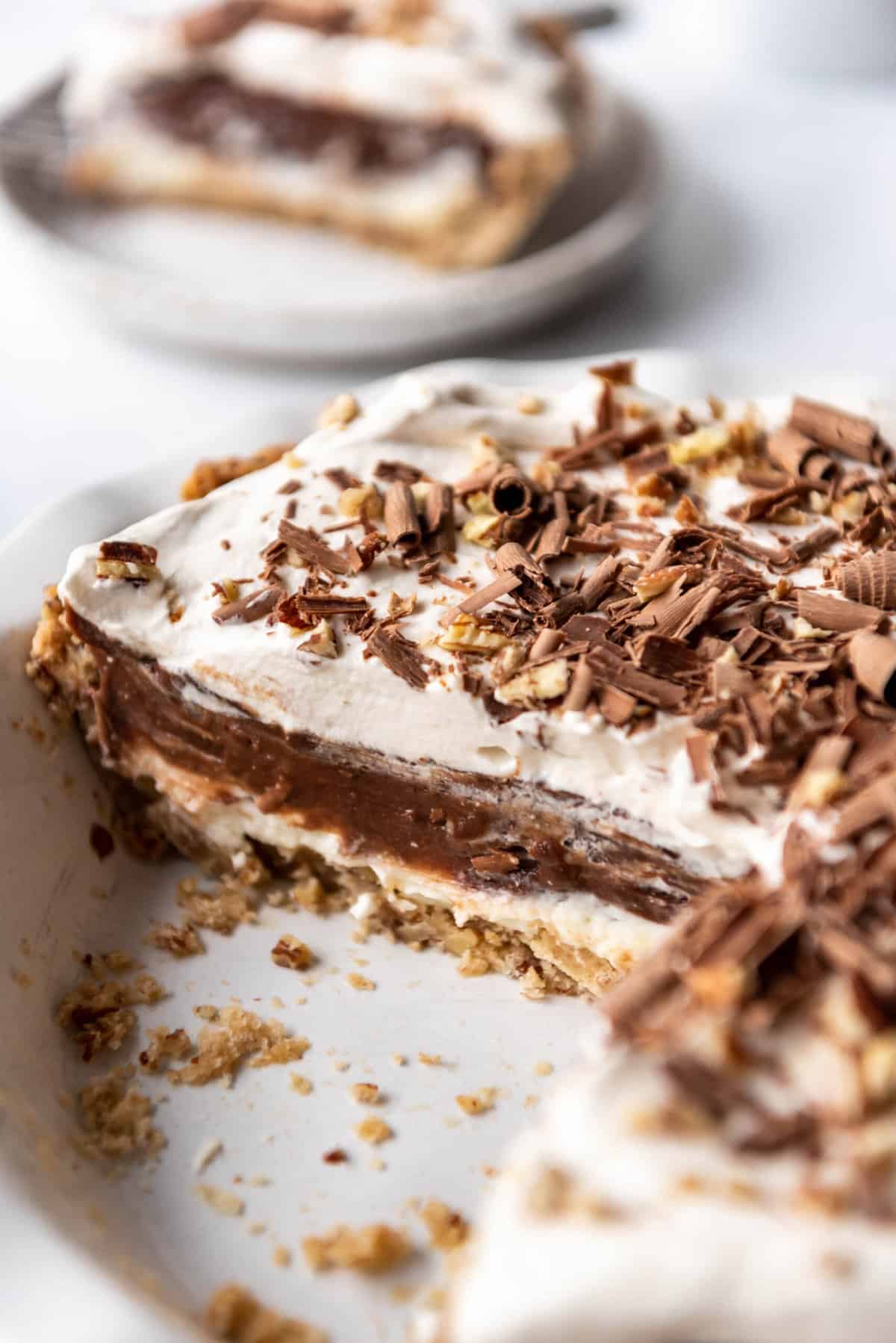 An image of a layered chocolate pie known as possum pie, made from scratch.