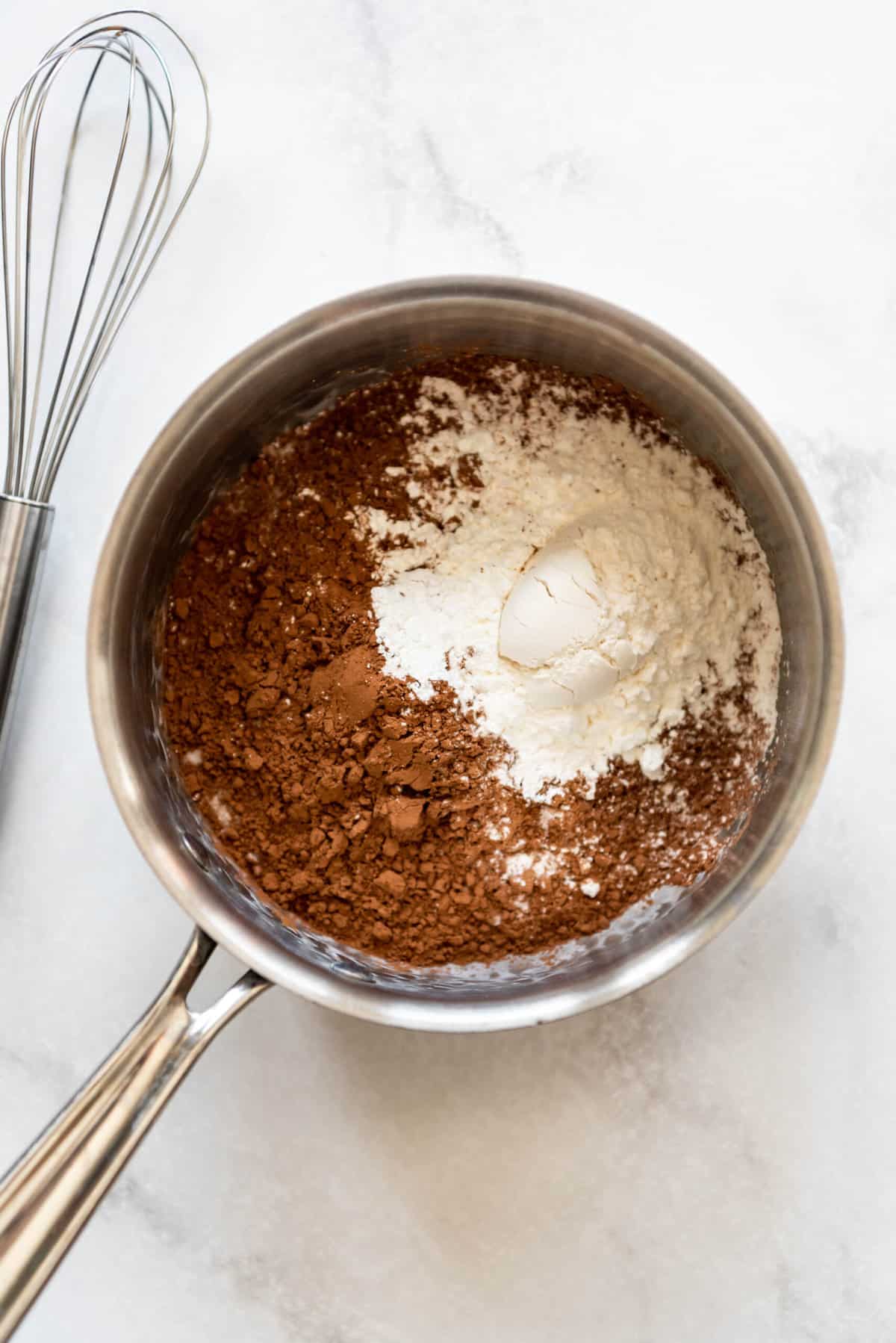 Combining chocolate pudding ingredients together in a medium saucepan.