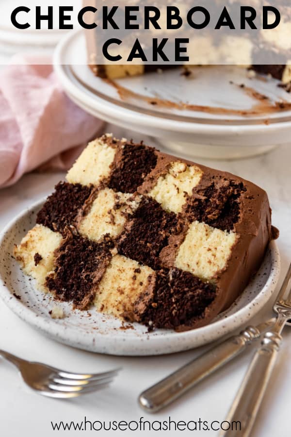 A slice of checkerboard cake on a plate with text overlay.