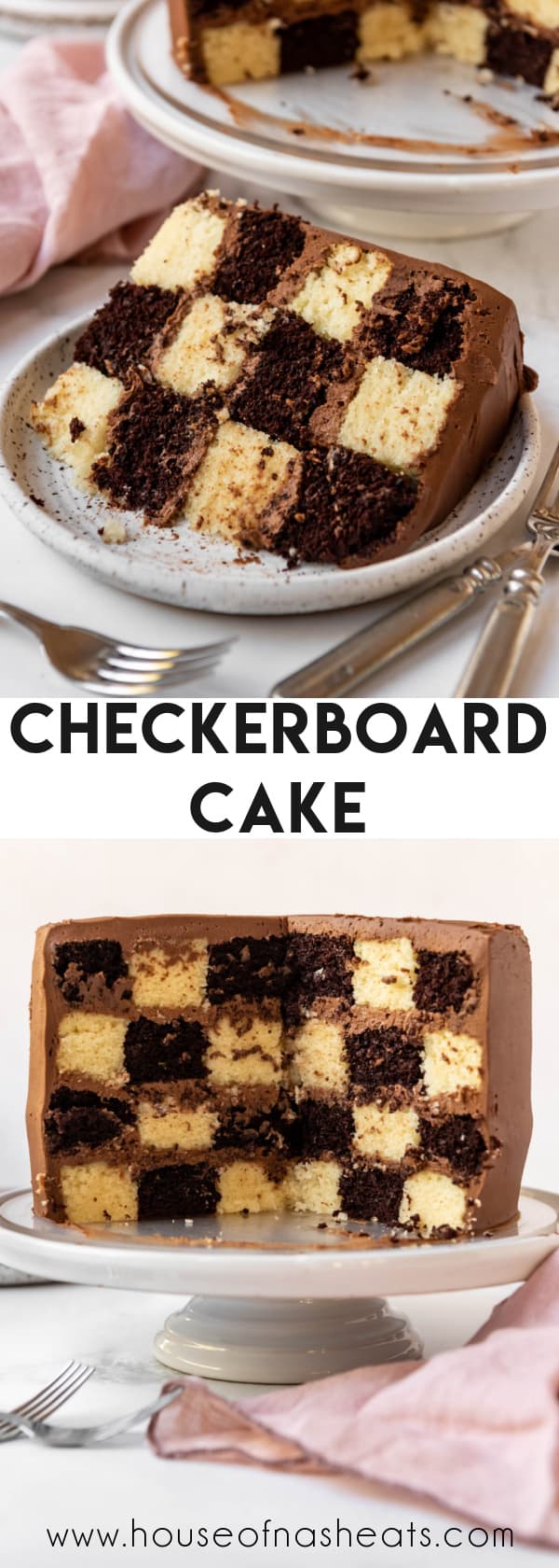 A collage of images of checkerboard cake with text overlay.