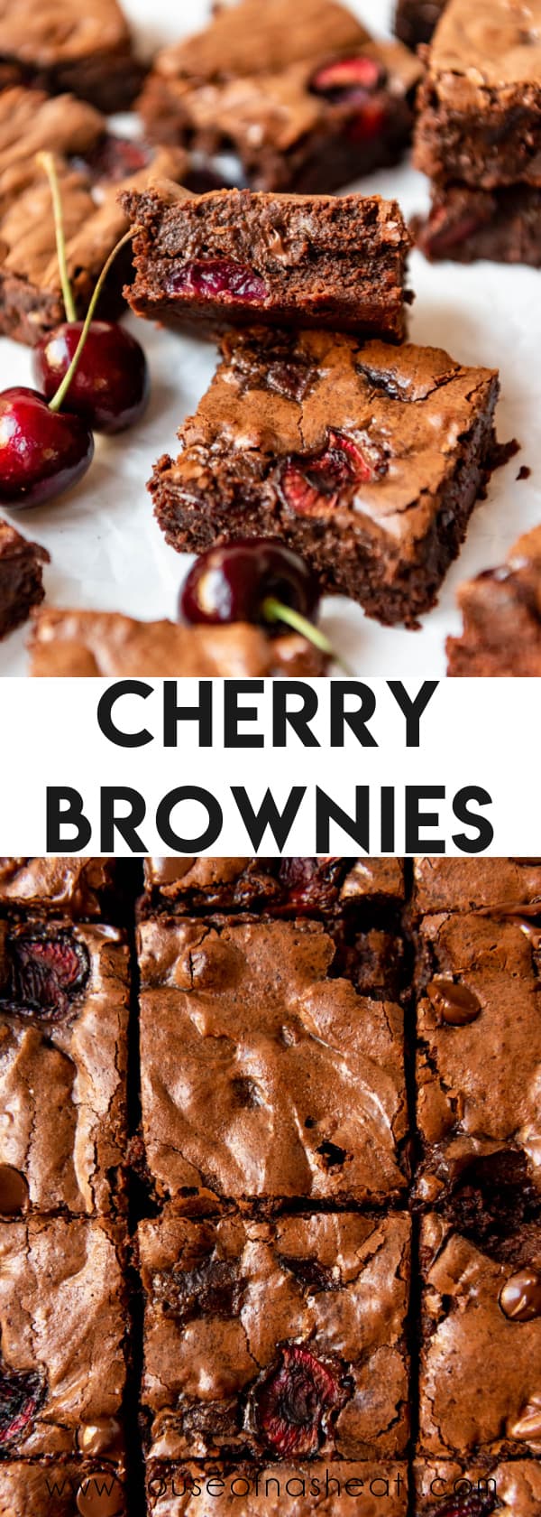 A collage of images of cherry brownies with text overlay.